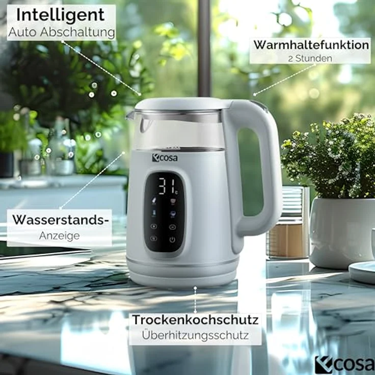 Ecosa® Wasserkocher, Teekocher mit Temperatureinstellung 40°C-100°C, 1,7 Liter, 2200 Watt, Glas Edelstahl, BPA-frei, Warmhaltefunktion, LED-Beleuchtung (Woldo White) – Bild 2