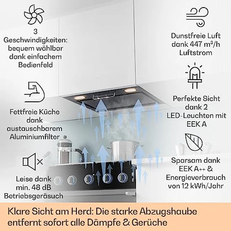 Klarstein Dunstabzugshaube 52cm, Abluft-Dunstabzugshaube mit Spülmaschinenfestem Aluminium Filter, Leise Abzugshaube für Abluft, 396 m³/h Luftstrom, Wandhauben mit LEDs, Dunstabzug zur Wandmontage – Bild 2