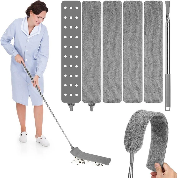 SinLaw Wischmopp Teleskopischer Hacken-Bürstenmop, ausziehbar 0,8 m - 2,5 m, mit Edelstahl-Teleskopstange und zwei waschbaren Mikrofaser-Reinigungsbürsten