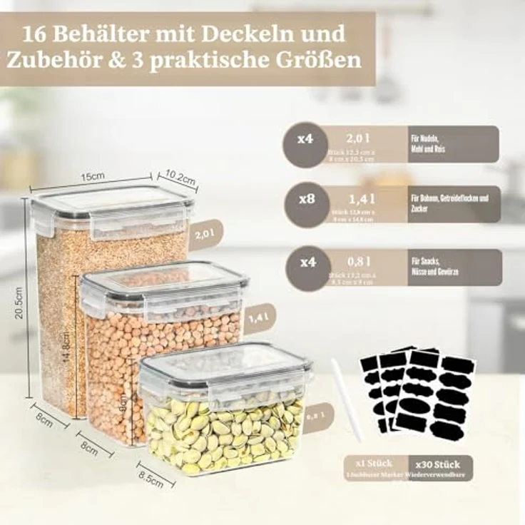 GoMaihe Vorratsdosen 16 Set, Luftdichte Kunststoff-Aufbewahrungsboxen mit Deckel, 1,7L, 1,25L, 0,75L, für trockene Lebensmittel wie Müsli und Mehl – Bild 3