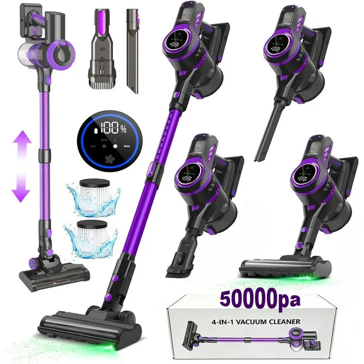 AKKEE Akku-Hand- und Stielstaubsauger, 400 W mit 50000 Pa Saugkraft, 55 Minuten Akkulaufzeit, beutellos, 5-stufiger HEPA-Filter, lila und schwarzgrau