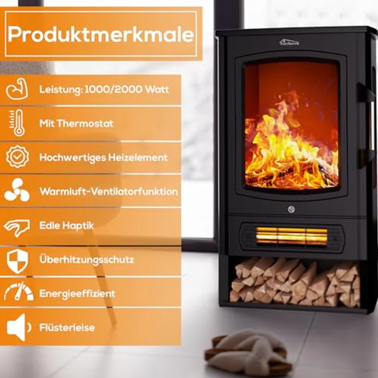 TroniTechnik Heizgerät Elektrokamin Kaminfeuer, LED Flammeneffekt elektrisch 1000/2000 Watt, 2000 W, Standkamin mit Heizung, Thermostat Panorama-Sichtfenster Heizfunktion – Bild 2
