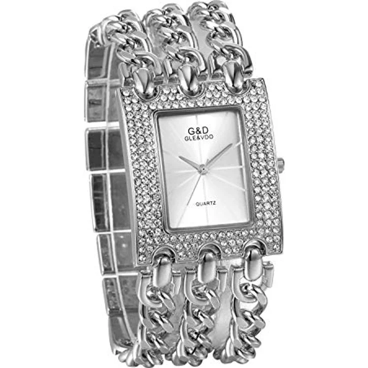 JewelryWe Damen Armbanduhr, Elegant Analog Quarz mit Strass, Rechteckig, Silber, dreifach Panzerkette Armband – Bild 1