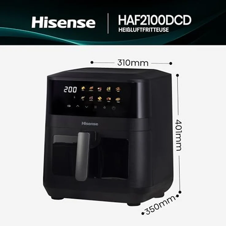 Hisense HAF2100DCD Heißluftfritteuse, 2100 W, 7,7 L, 10 voreingestellte Programme, Antihaft-Beschichtung, Energieeffizient, Start Delay Funktion, Schwarz – Bild 2