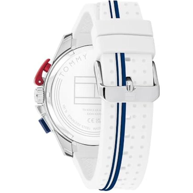 Tommy Hilfiger Chronograph Herren Quarz Uhr mit blauem Aluminium-Lünettenring, rotem Drückerschutz und weißem Silikonarmband, wasserfest bis 5 ATM – Bild 3