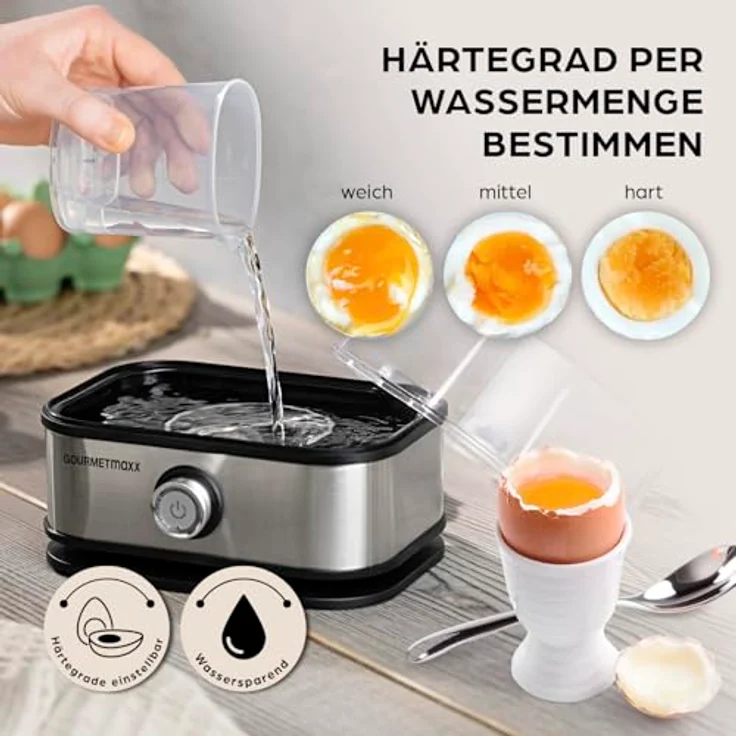 GOURMETmaxx Eierkocher für 6 Eier, Edelstahl Egg Boiler mit Eierstecher, 3 Härtegrade, spülmaschinenfeste Teile, ideal für Zuhause und Unterwegs – Bild 3