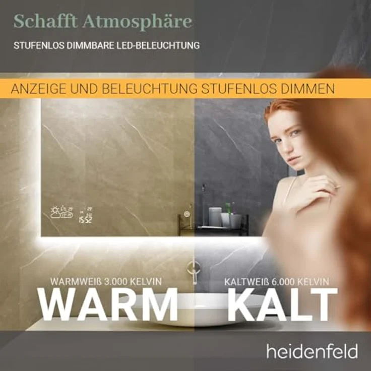 Heidenfeld Infrarot Spiegelheizung Infrarotheizung Wetteranzeige Wifi LED Licht (350 Watt),  – Bild 4