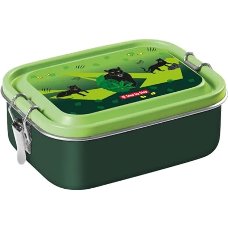 Step by Step Lunchbox Stainless Steel Black Cat, auslaufsicher mit herausnehmbarer Trennwand, grün, 0,8 Liter