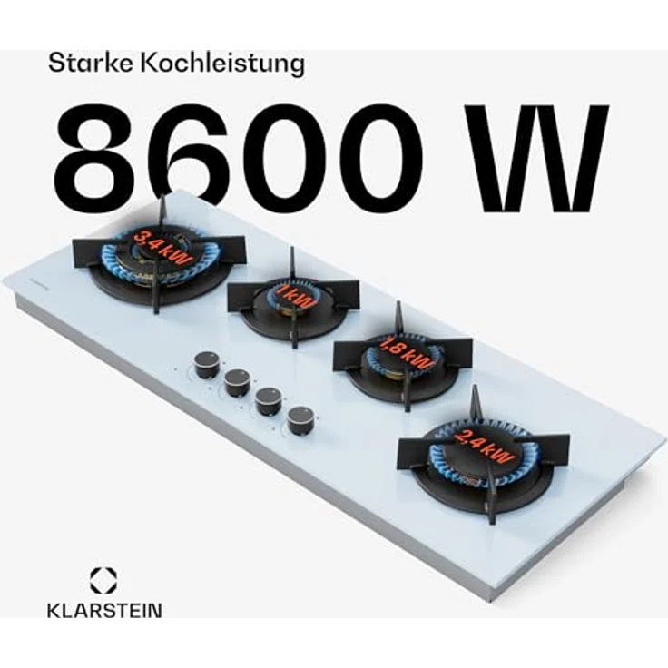 Klarstein Goldflame 4 Slim Gaskochfeld, 4 Messingbrenner, 3,4kW, 2,4kW, 1,8kW, 1kW, Weiß, inkl. Schlauch & Druckminderer – Bild 2