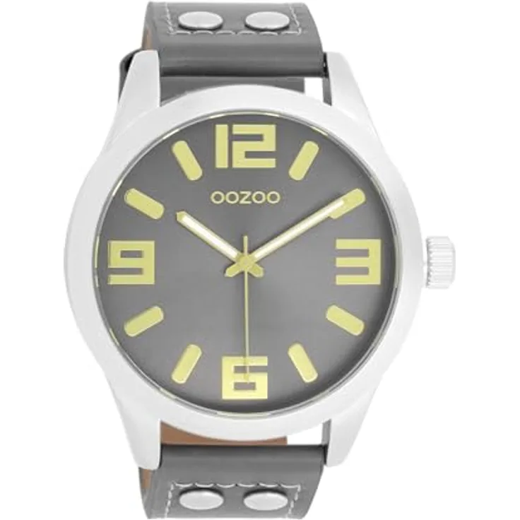 OOZOO Quarzuhr C1087, Armbanduhr mit Metallgehäuse, grau Zifferblatt, dunkelgraues Lederarmband, Ø 46mm, spritzwassergeschützt