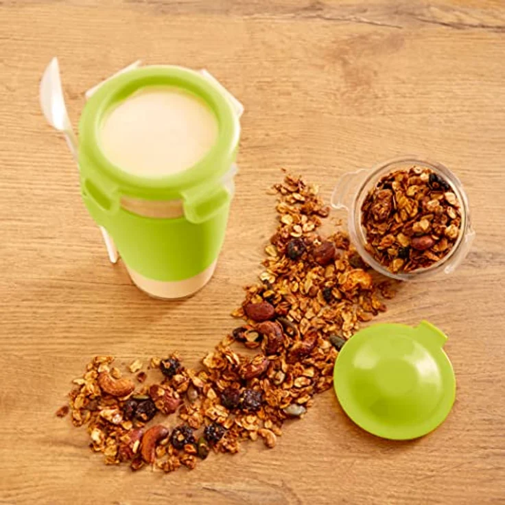 Emsa N1071400 Clip&Go Yoghurt Mug (Fassungsvermögen: 450 ml, Rund, inkl. Löffel und Topping-Fach) transparent-hellgrün – Bild 4