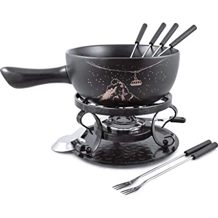 Swissmar F66901 Gruyère Fondue Set 9-teiliges, Keramik/Edelstahl, 2.65L, Fondue-Set für Fleisch, Käse und Schokolade, für 4 Personen, Geschenkset