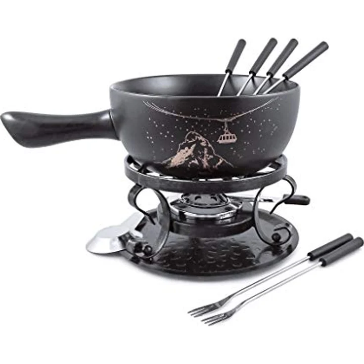 Swissmar F66901 Gruyère Fondue Set 9-teiliges, Keramik/Edelstahl, 2.65L, Fondue-Set für Fleisch, Käse und Schokolade, für 4 Personen, Geschenkset – Bild 1