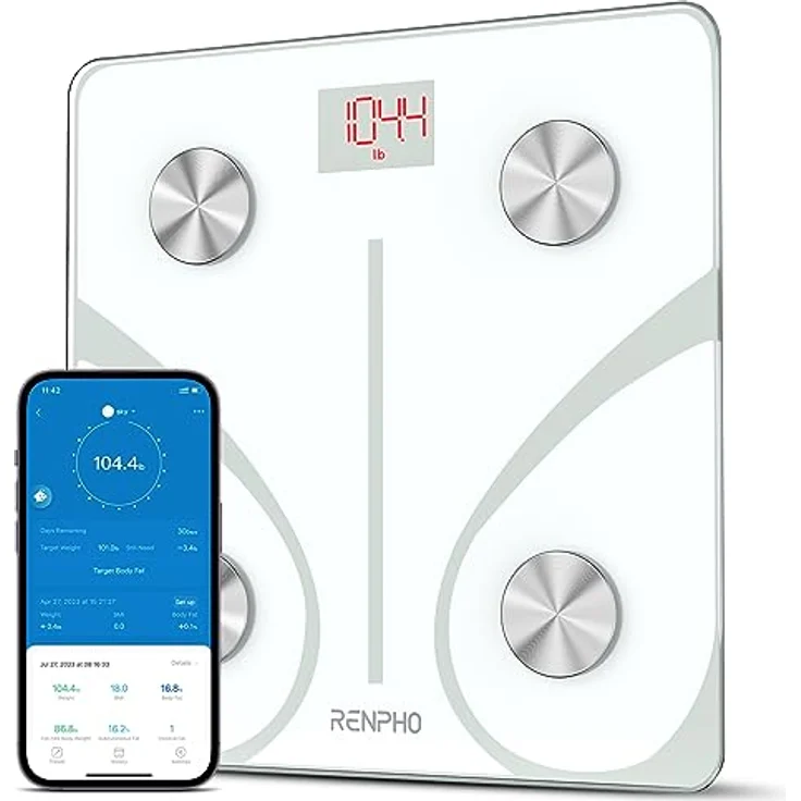 RENPHO Körperfettwaage Bluetooth Digital Personenwaagen Körperanalysewaage mit App Smart Waage für Körperfett, BMI, Muskelmasse, Protein, BMR, Weiß, 11 Zoll/280 mm – Bild 1