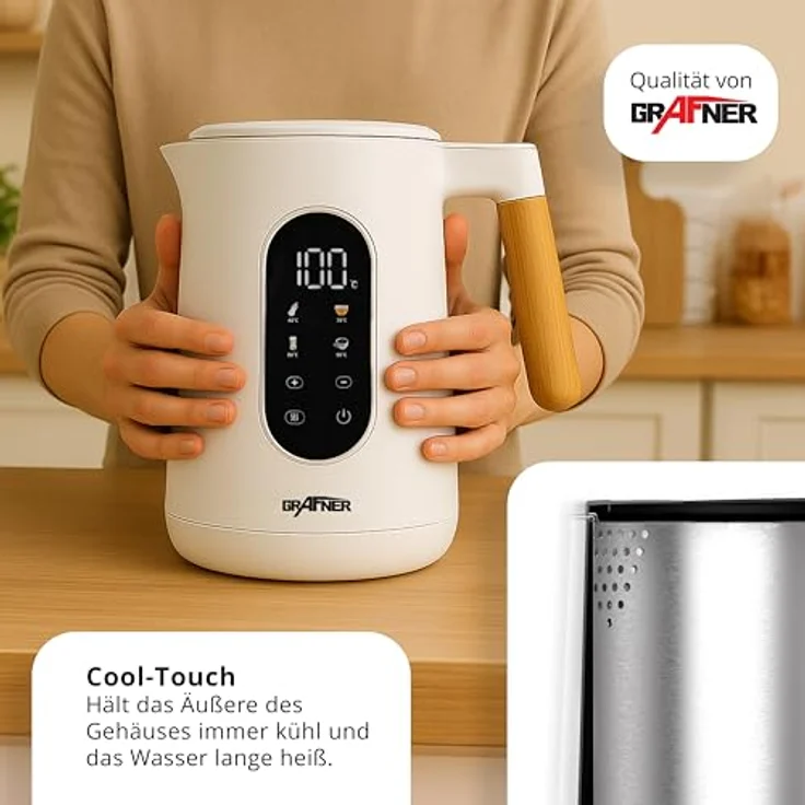 Grafner Edelstahl Wasserkocher 1,7L mit Temperatureinstellung 40°C-100°C, Warmhaltefunktion, Memoryfunktion, LCD-Display, Doppelwand, 2200 Watt, digital (Weiß) – Bild 3