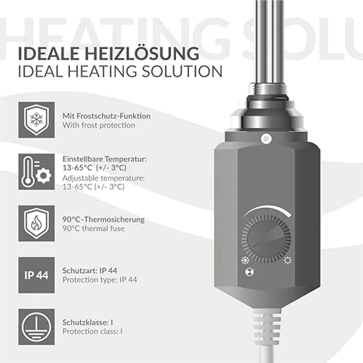 LuxeBath Heizstab 300W Graphit, Badheizkörper Heizpatrone mit Thermostat, Frostschutz und IP 44 Schutzart – Bild 4