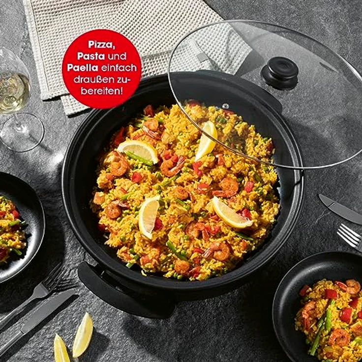 GOURMETmaxx Elektrische Multifunktionspfanne ⌀ 40cm | Hot Pot mit Thermostat, Glasdeckel & Antihaftbeschichtung | XXL Volumen - optimal als Paellapfanne, Schmorpfanne & Wok | 1500W [Schwarz] – Bild 4