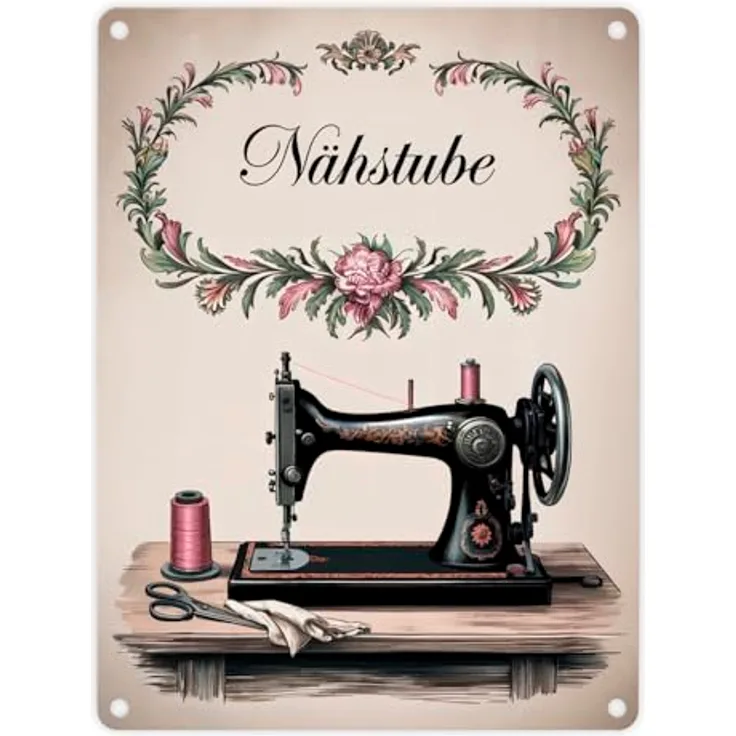 speecheese Vintage Nähmaschine Nähstube Metallschild, kunstvoll illustriert, 15x20 cm für nostalgische Einrichtung