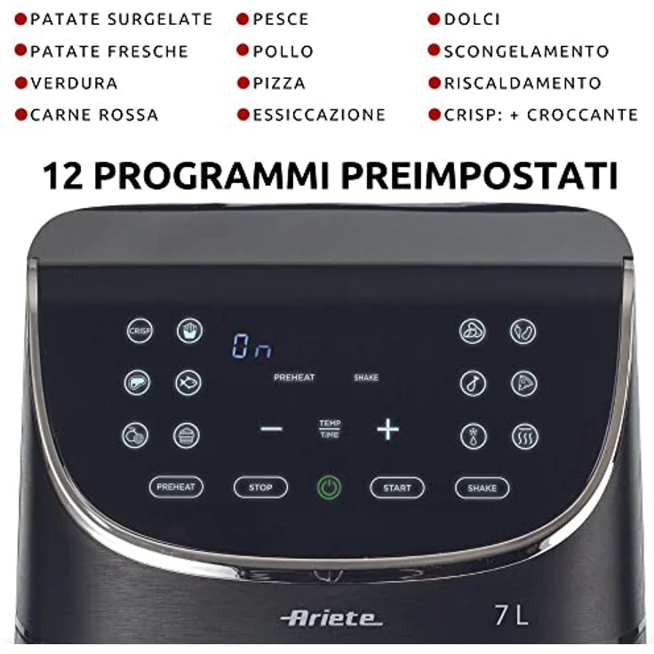 Ariete Airy Fryer 7L 4627, Heißluftfritteuse 7 Liter, 60-Minuten-Timer, LCD- und Touchscreen mit 12 Garstufen, Max Crisp Funktion, Max. Temperatur 200° C, Fassungsvermögen 2kg , 1700W, Schwarz – Bild 3