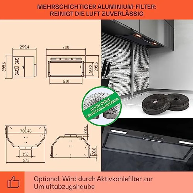 Klarstein Dunstabzugshaube 70cm, Abluft-Dunstabzugshaube mit Spülmaschinenfestem Aluminium Filter, Leise Abzugshaube für Abluft, 508 m³/h Luftstrom, Wandhauben mit LEDs, Dunstabzug zur Wandmontage – Bild 5