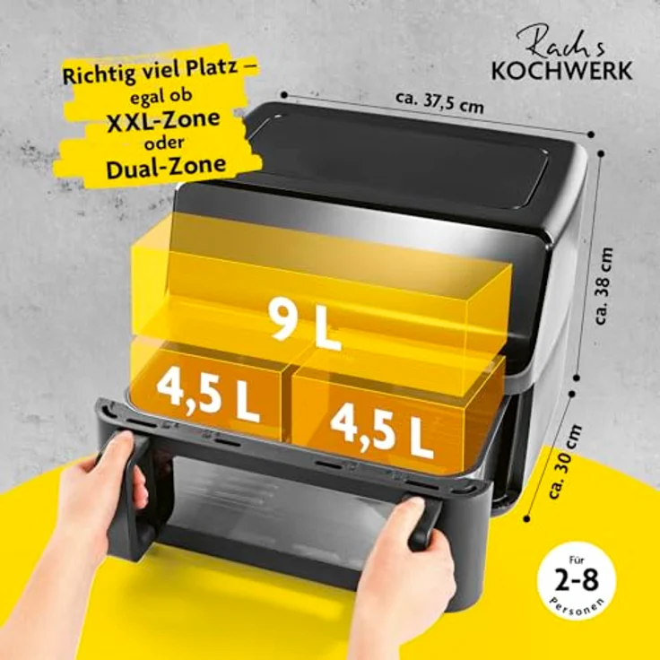KOCHWERK Vario-Doppelkammer Heißluftfritteuse 9 L | Airfryer mit teilbarer Kammer, Touchscreen & 8 Programmen | Frittieren ohne Öl - fettarm | 2700 W Smart-Cook Funktion, Silber – Bild 4