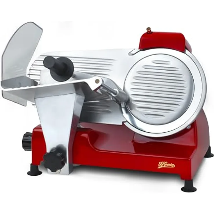 H.Koenig Elektrischer Aufschnittmaschine MSX224, italienische Klinge 20 cm, Schnittstärke 0-12 mm, integrierter Messerschärfer, 282 U/min, rot