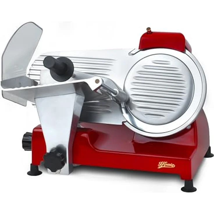 H.Koenig Elektrischer Aufschnittmaschine MSX224, italienische Klinge 20 cm, Schnittstärke 0-12 mm, integrierter Messerschärfer, 282 U/min, rot – Bild 1