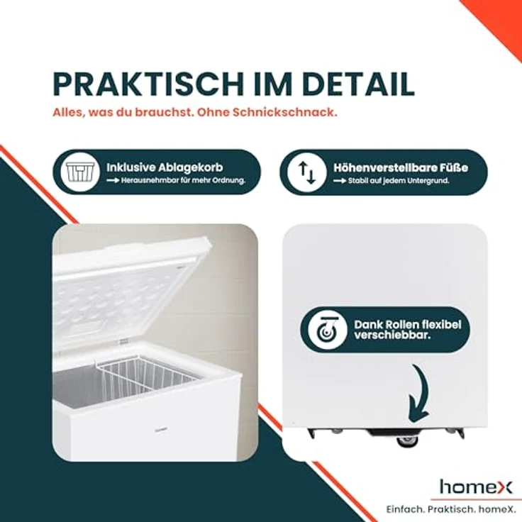homeX FT1421-W Gefriertruhe, 142 Liter, 4-Sterne Gefrieren, leise 38 dB, inklusive Ablagekorb, kompakte Maße 70,5 x 85 x 56 cm – Bild 5