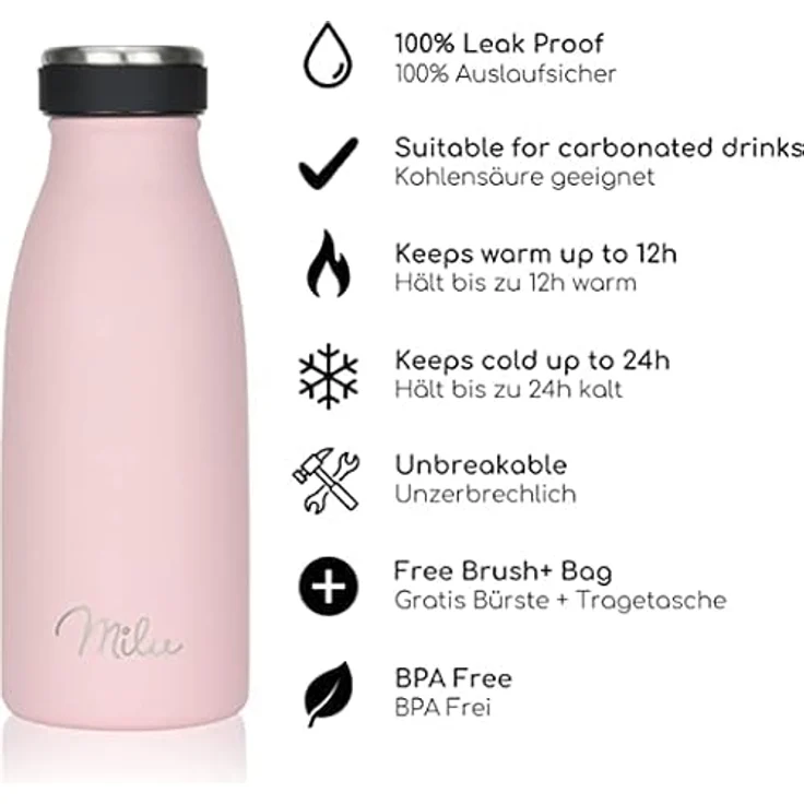Milu Edelstahl Trinkflasche 350ml – Auslaufsichere Thermosflasche für Kinder und Erwachsene, kohlensäuregeeignet, Rosa, inklusive Reinigungsbürste – Bild 2