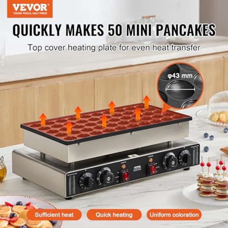 VEVOR Mini-Pfannkuchenmaker, kommerzielle Dorayaki-Backmaschine mit dualer Temperaturregelung, 1700 W, 50 Stk., Ø 43 mm, Edelstahl – Bild 2