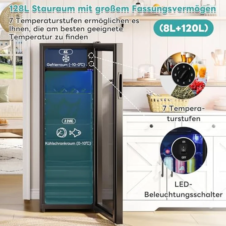 Merax Kühlschrank 128L, Freistehend Getränkekühler mit 120L-Kühlschrank + 8L-Gefrierschrank, schwarz, superleise mit LED-Innenbeleuchtung und verstellbaren Einlegeböden – Bild 4