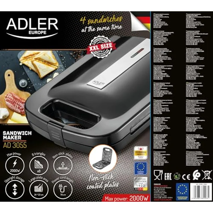 Adler AD 3055 XXL-Sandwich-Maker, 2000 Watt, 24 x 22 cm Grillfläche, für 4 Toast-Scheiben, antihaftbeschichtet, Kunststoff, schwarz – Bild 2