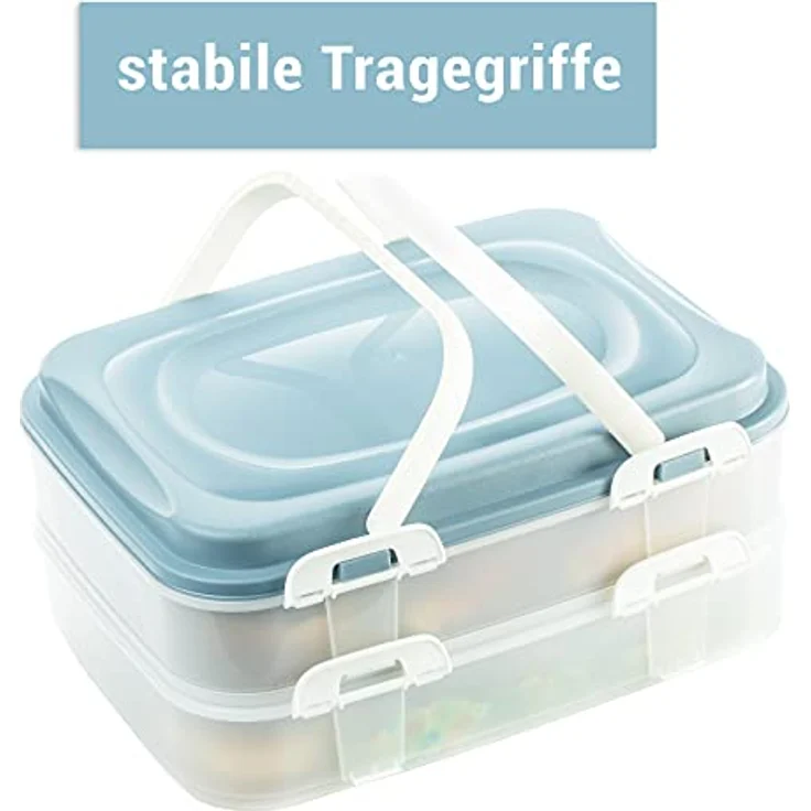Kuchen Transportbox & Cupcake/Muffin Transportbox - Kuchenbehälter, 2 Etagen Rechteckig Partycontainer mit Hebeeinsatz + Deckel mit Tragegriffen & Clickverschlüssen, 40x30x18cm, Made in EU, Blau – Bild 3
