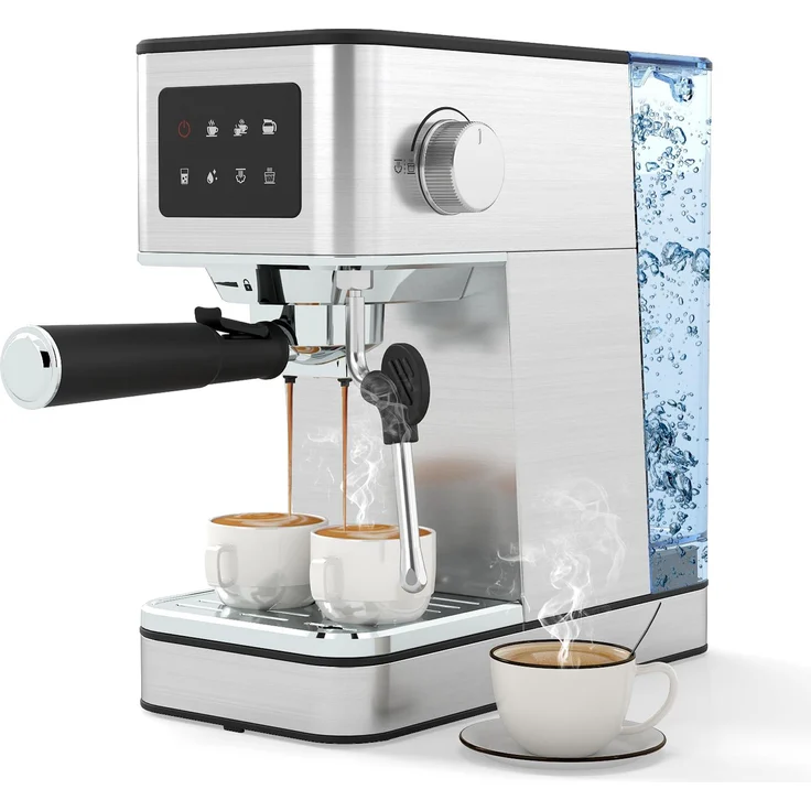 COSTWAY Espressomaschine Siebträgermaschine 20 Bar mit Milchaufschäumer, 1,7L Wassertank, Touchscreen, Edelstahl, Silber