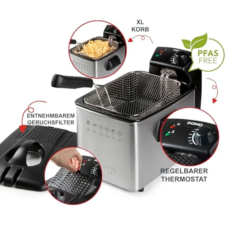 Domo Fritteuse DO465FR, 4 Liter Fassungsvermögen, Thermostat, 3000 Watt, silber – Bild 4