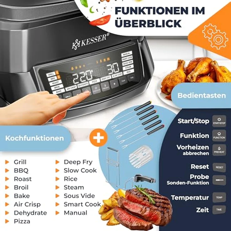 KESSER® Multikocher mit Heißluftfritteuse 8L, 16 Programme, Grillen, Backen, Dampfgaren, Vorheiz- & Warmhaltefunktion, Reiskocher, Slow Cooker, Joghurtbereiter – Bild 4