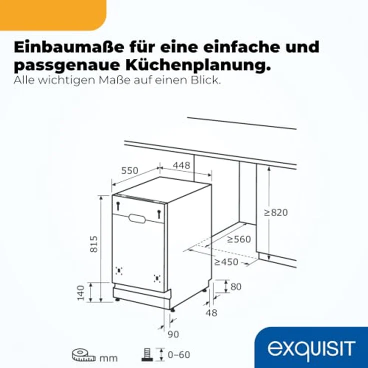 Exquisit GSP59311-E-450C, Vollintegrierbarer Geschirrspüler für 11 Maßgedecke, Energieklasse C, 8 Programme, Aquastop, Besteckschublade, Innenbeleuchtung, Schwarz – Bild 9