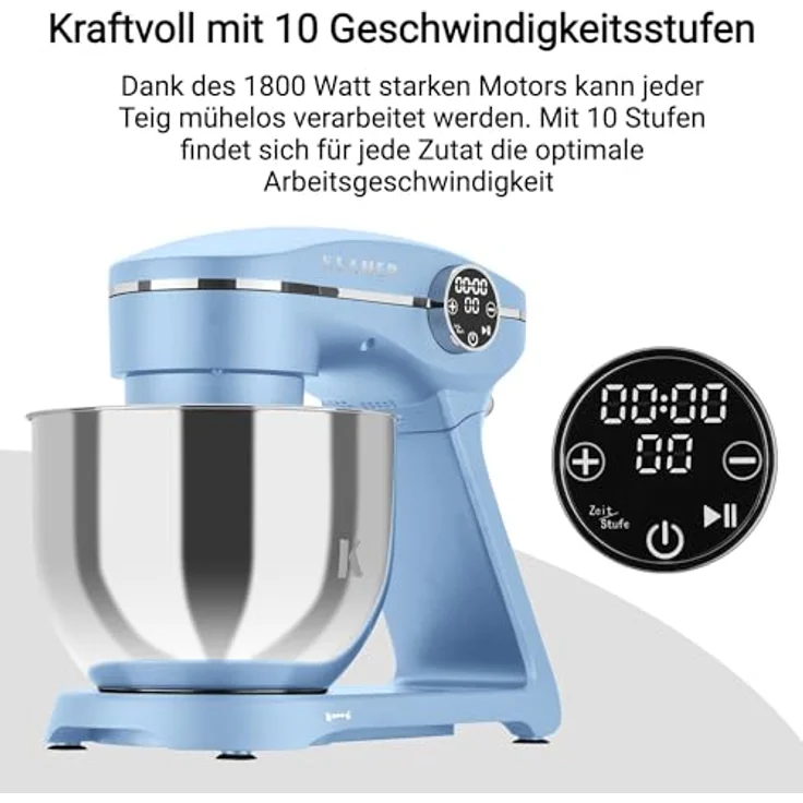 KLAMER Küchenmaschine 1800W, Knetmaschine mit 6 Liter Edelstahl Schüssel, 10 Geschwindigkeitsstufen mit Timer, Rührbesen, Knethaken, Schneebesen und Spritzschutz – Bild 5