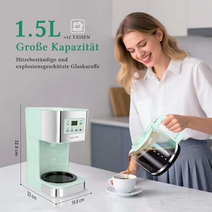 Taylor Swoden Kaffeemaschine TS-12, 1.5L Filterkaffeemaschine mit Timer, 12 Tassen, Tropf-Stopp, Heizplatte, BPA-frei, grün – Bild 2