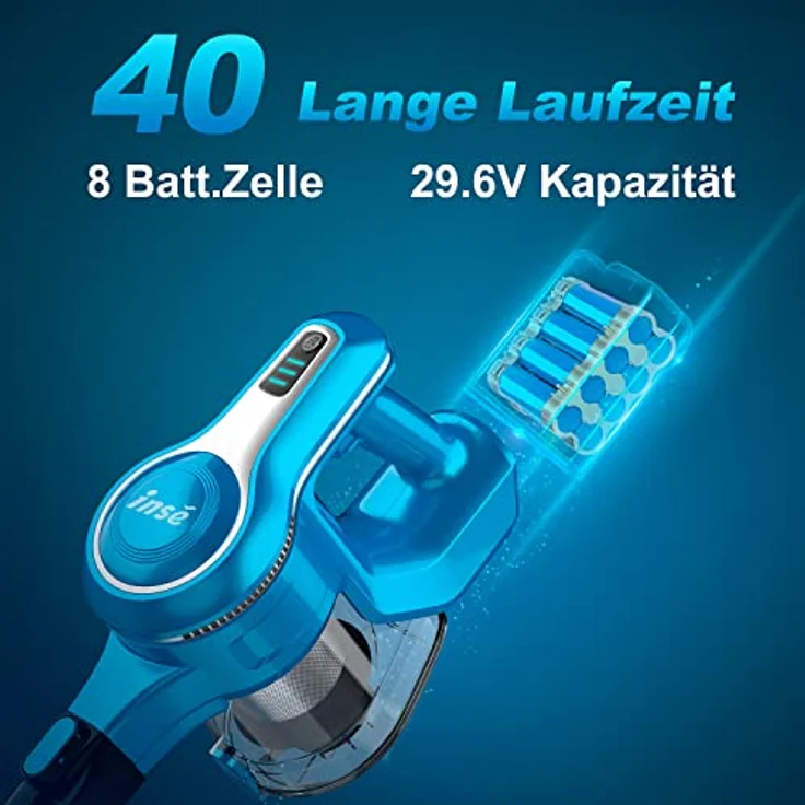 INSE Akku Staubsauger 25KPa Kabelloser Staubsauger Starke Saugleistung bis zu 45 Min Laufzeit, 1,2L großer Müllbox, 10 in 1 Staubsauger Beutellos Stabstaubsauger für Tierhaare Hartboden Teppich blau – Bild 3