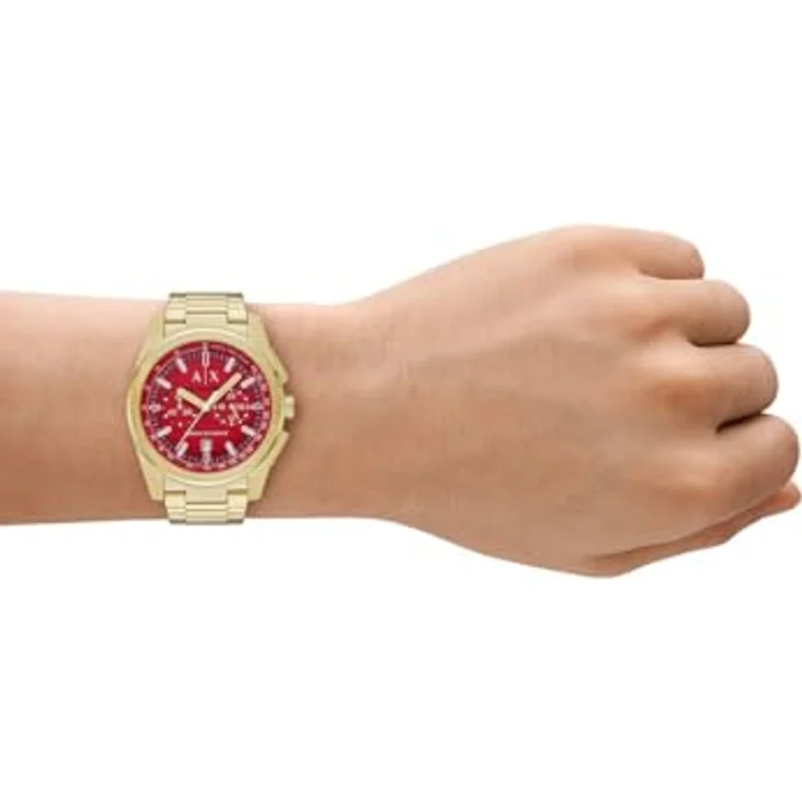 Armani Exchange Herren Analog Quarz Uhr mit Edelstahl Armband AX2863, 42mm Gehäuse, rotes Zifferblatt, goldfarben – Bild 5
