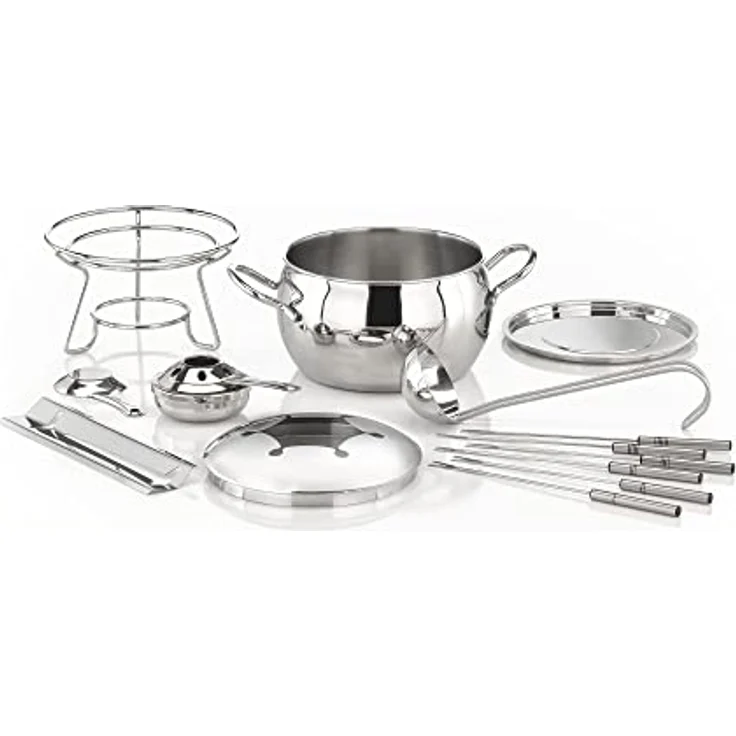 APS Fondue- und Feuerzangenbowle Set, Zuckerzange, Feuerzange, Fondue-Topf, Edelstahldeckel, hochglanzpoliert, Gestell, verchromt, Schöpfkelle, für ca. 2,2 Liter Flüssigkeit, Ø22 cm, 23 cm Höhe – Bild 1