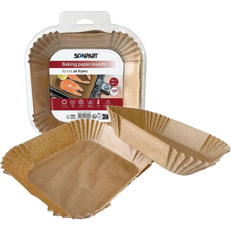 Scanpart Backpapier für Heißluftfritteusen, 16x16 cm, hitzebeständig bis 220°C, antihaftbeschichtet, 100 Stück, braun – Bild 1