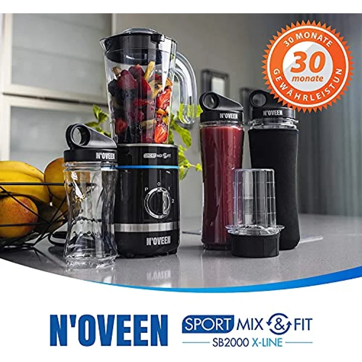 Noveen SB2000, Standmixer mit 500-Watt-Motor, 6-armiger Edelstahlklinge, 3 Flaschen und LED-Beleuchtung, Schwarz – Bild 2