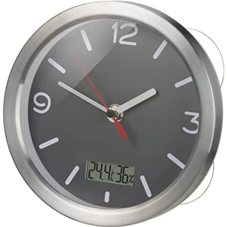 Bresser 8020116 Wanduhr Mytime Thermo-/Hygro Funk Baduhr mit Thermometer und Hygrometer inklusive 4 Starker Saugnäpfe zum Aufhängen oder Aufstellen, Grau , 17cm