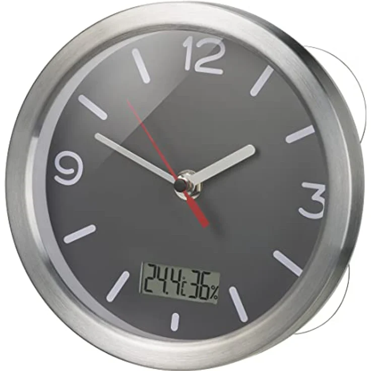 Bresser 8020116 Wanduhr Mytime Thermo-/Hygro Funk Baduhr mit Thermometer und Hygrometer inklusive 4 Starker Saugnäpfe zum Aufhängen oder Aufstellen, Grau , 17cm – Bild 1