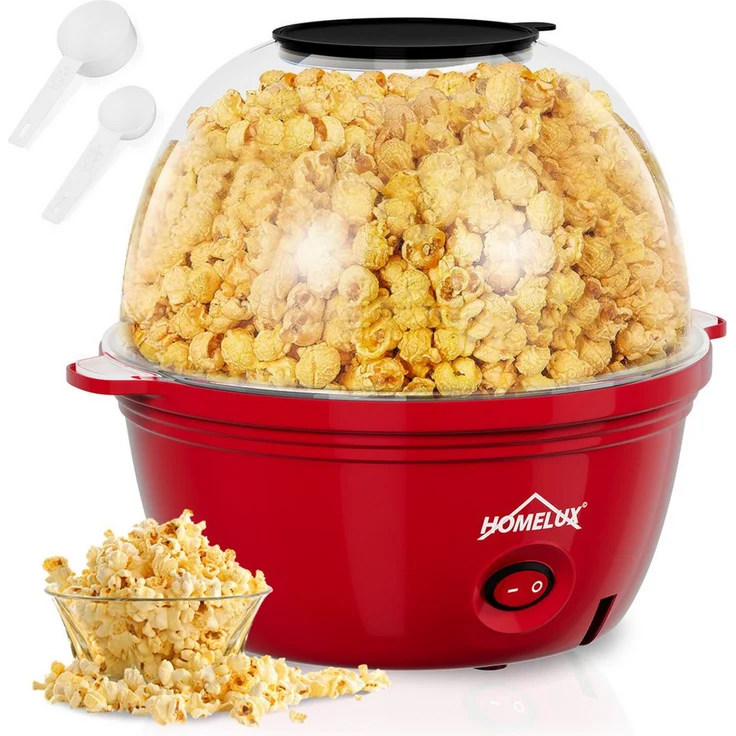 HOMELUX Retro-Popcornmaschine 2.5L, 450W Heißluft-Popcorn Maker mit 2 Löffeln, automatischem Rühren und Servierschüssel, kompkat und leicht zu verstauen, rot