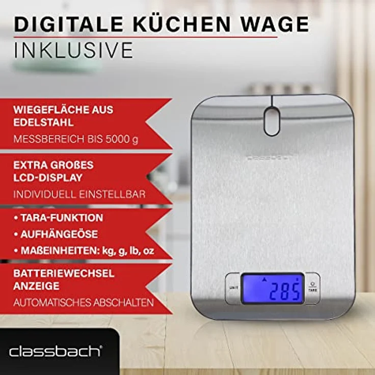 Classbach C-KM 4004 W Food Processor Set with Digital Kitchen Scales 1200 Watt Motor with 6 Speeds Quiet Mixing Machine 5 Litre Bowl Including 3 Attachments and Splash Guard – Bild 3