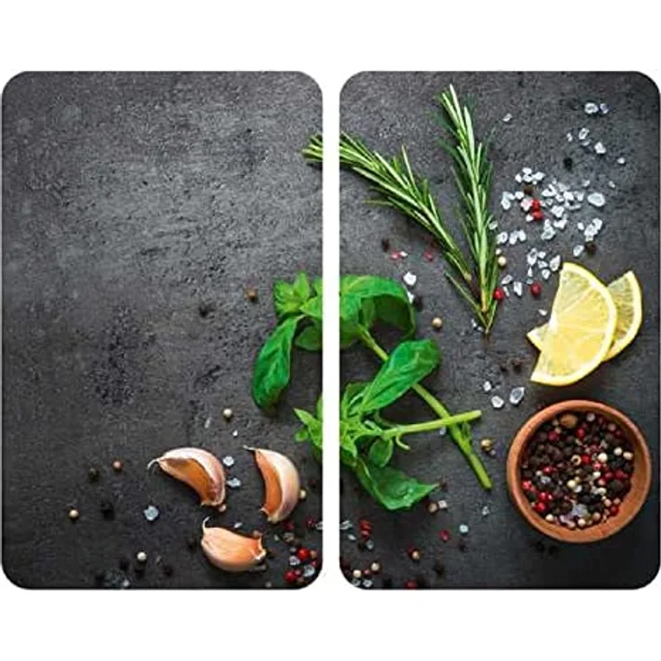 WENKO Herdabdeckplatte Universal Kräuter, 2er Set Herdabdeckung für alle Herdarten aus gehärtetem Glas, Herdabdeckplatten auch als Schneidebrett nutzbar, hygienisch, kratz- und schlagfest, 30 x 52 cm