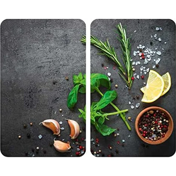 WENKO Herdabdeckplatte Universal Kräuter, 2er Set Herdabdeckung für alle Herdarten aus gehärtetem Glas, Herdabdeckplatten auch als Schneidebrett nutzbar, hygienisch, kratz- und schlagfest, 30 x 52 cm – Bild 1